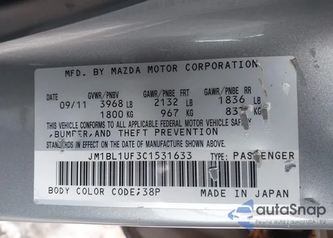 2012 Mazda Mazda3 I Sport z USA, uszkodzony, nr VIN JM1BL1UF3C1531633